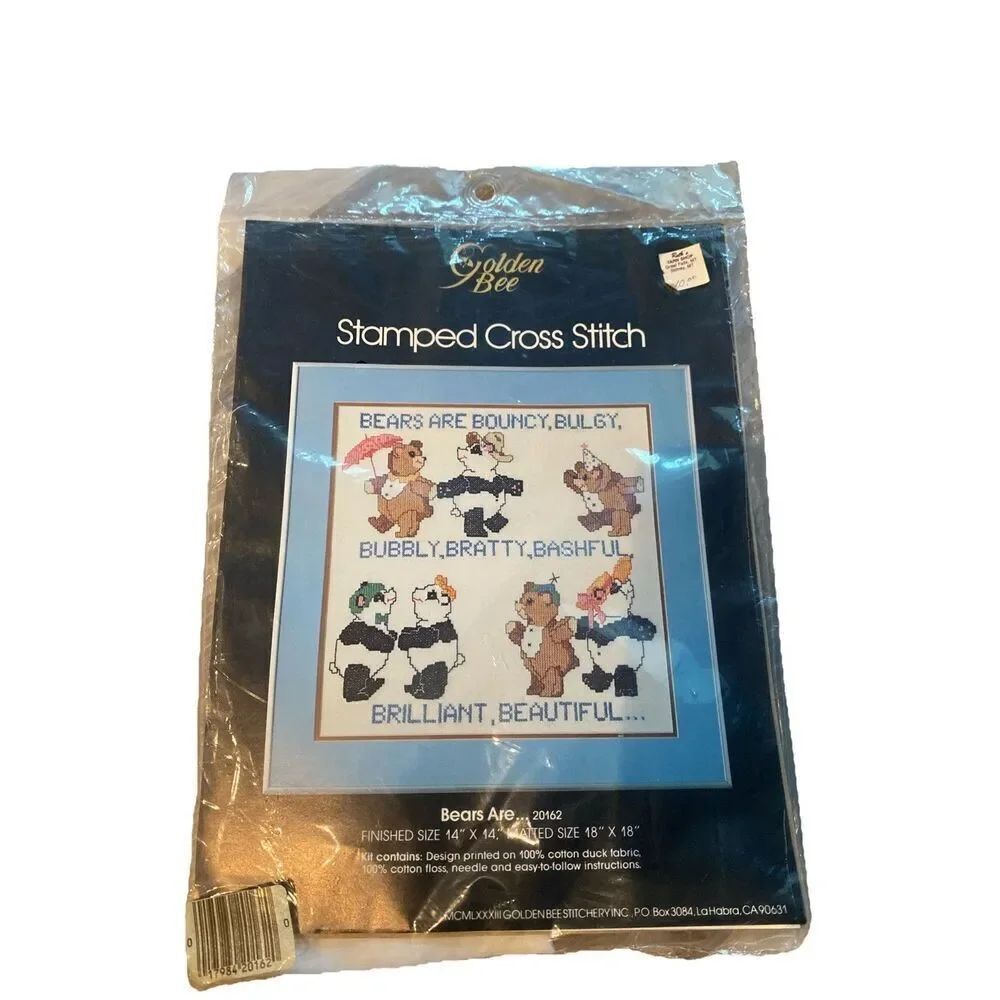 Golden Bee Stamped Cross Stitch Kit 20162 Bears Are 14x14 Teddy Panda Hat 1983
